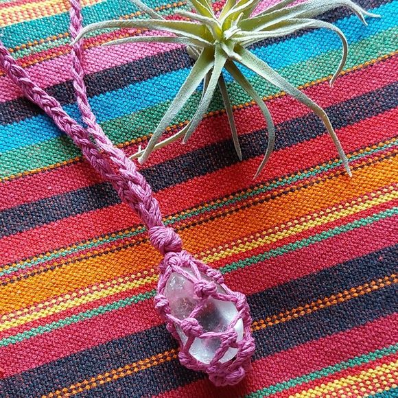 Macrame, Quartz Pink Hemp Necklace Handcrafted - Picture 13 of 13